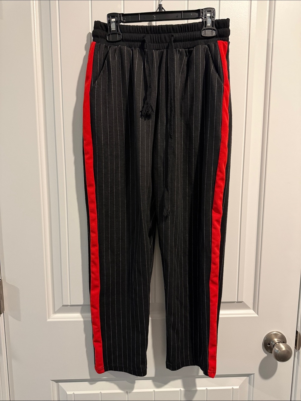 Ashley Blue Pinstripe Track Pants with Red Side Stripes
